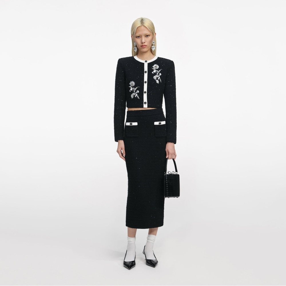 Self-Portrait BLACK Embellished TEXTURED KNIT Blazer & MIDI SKIRT Set NWOT